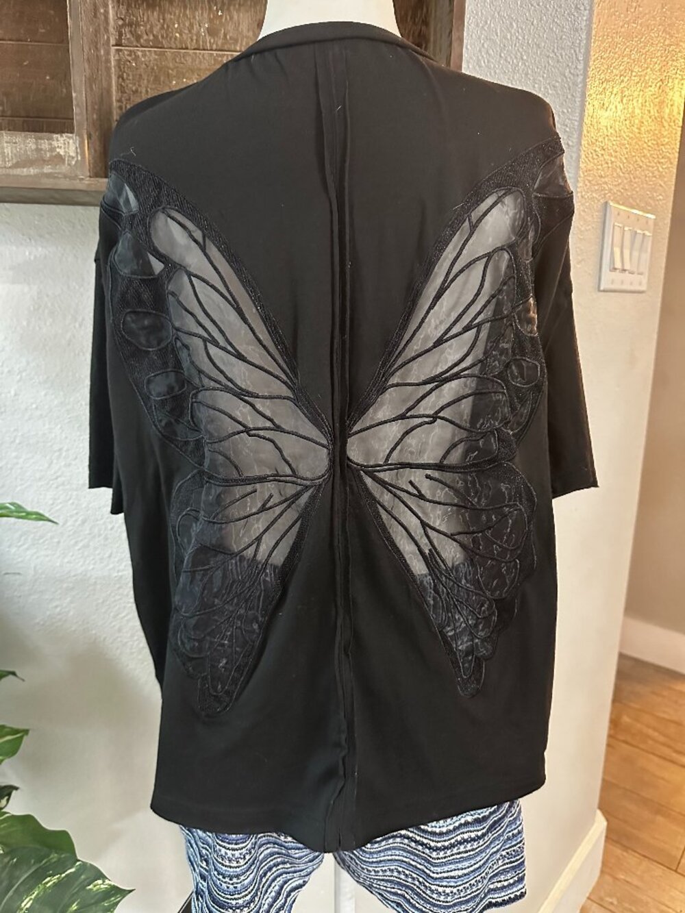 Black Oversized Tee with Sheer Cutout Butterfly Wings Back Size M